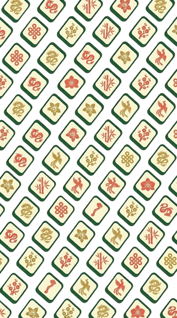 Mahjong tiles arranged diagonally with forest green borders, cream faces, and red and gold motifs